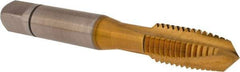 Accupro - M10x1.50 Metric Coarse, 3 Flute, TiN Finish, Powdered Metal Spiral Point Tap - Plug Chamfer, Right Hand Thread, 2-15/16" OAL, 6H Class of Fit - Exact Tool & Supply