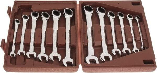 Paramount - 12 Piece, 8mm to 19mm, Ratcheting Combination Wrench Set - Metric Measurement Standard, Full Polish Chrome Finish, Comes in Blow Molded Case - Exact Tool & Supply