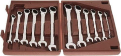 Paramount - 12 Piece, 8mm to 19mm, Ratcheting Combination Wrench Set - Metric Measurement Standard, Full Polish Chrome Finish, Comes in Blow Molded Case - Exact Tool & Supply