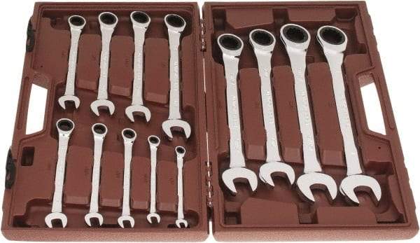 Paramount - 13 Piece, 1/4" to 1", Ratcheting Combination Wrench Set - Inch Measurement Standard, Full Polish Chrome Finish, Comes in Blow Molded Case - Exact Tool & Supply