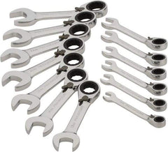Paramount - 13 Piece, 6mm to 19mm, Stubby Ratcheting Reversible Combination Wrench Set - Metric Measurement Standard, Full Polish Chrome Finish, Comes in Blow Molded Case - Exact Tool & Supply