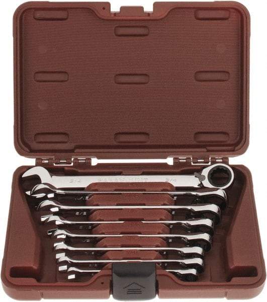 Paramount - 8 Piece, 5/16 to 3/4", Reversible Ratcheting Combination Wrench Set - Inch System of Measurement, Full Polish Chrome Finish, Comes in Blow Molded Case - Exact Tool & Supply