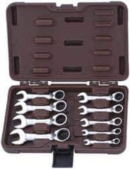 Paramount - 9 Piece, 1/4" to 3/4", Stubby Ratcheting Reversible Combination Wrench Set - Inch Measurement Standard, Full Polish Chrome Finish, Comes in Blow Molded Case - Exact Tool & Supply