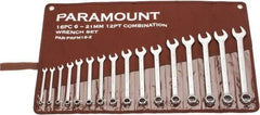 Paramount - 16 Piece, 6mm to 21mm, Combination Wrench Set - Metric Measurement Standard, Satin Chrome Finish, Comes in Canvas Roll - Exact Tool & Supply