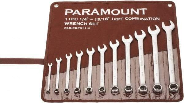 Paramount - 11 Piece, 1/4" to 15/16", Combination Wrench Set - Inch Measurement Standard, Satin Chrome Finish, Comes in Canvas Roll - Exact Tool & Supply