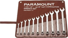Paramount - 11 Piece, 1/4" to 15/16", Combination Wrench Set - Inch Measurement Standard, Satin Chrome Finish, Comes in Canvas Roll - Exact Tool & Supply