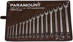 Paramount - 16 Piece, 1/4 to 1-1/4", Combination Wrench Set - Inch System of Measurement, Satin Chrome Finish, Comes in Canvas Roll - Exact Tool & Supply