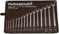 Paramount - 16 Piece, 1/4 to 1-1/4", Combination Wrench Set - Inch System of Measurement, Satin Chrome Finish, Comes in Canvas Roll - Exact Tool & Supply