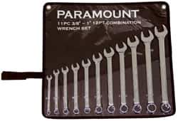 Paramount - 11 Piece, 3/8" to 1" (mm), Combination Wrench Set - Inch/Metric Measurement Standard, Full Polish Chrome Finish, Comes in Canvas Roll - Exact Tool & Supply