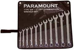 Paramount - 11 Piece, 3/8" to 1" (mm), Combination Wrench Set - Inch/Metric Measurement Standard, Full Polish Chrome Finish, Comes in Canvas Roll - Exact Tool & Supply