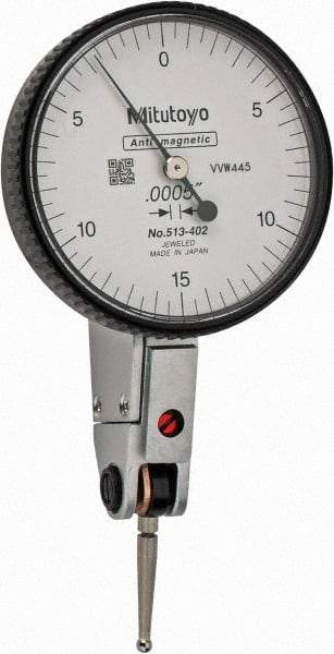 Mitutoyo - 0.03 Inch Range, 0.0005 Inch Dial Graduation, Horizontal Dial Test Indicator - 1.5748 Inch White Dial, 0-15-0 Dial Reading, Accurate to 0.0005 Inch - Exact Tool & Supply
