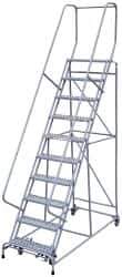 Cotterman - 130" 10 Step Rolling Warehouse Ladder - Assembled, 450 Lb Capacity, 100" Platform Height, 32" Base Width x 74" Base Depth, Perforated Tread - Exact Tool & Supply
