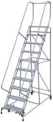 Cotterman - 130" 10 Step Rolling Warehouse Ladder - Assembled, 450 Lb Capacity, 100" Platform Height, 32" Base Width x 74" Base Depth, Perforated Tread - Exact Tool & Supply