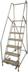 Cotterman - 100" 7 Step Rolling Warehouse Ladder - Assembled, 450 Lb Capacity, 70" Platform Height, 30" Base Width x 53" Base Depth, Perforated Tread - Exact Tool & Supply
