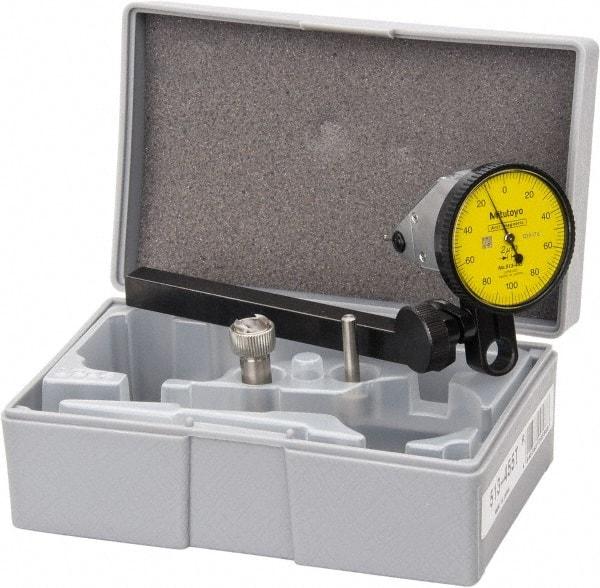 Mitutoyo - 0.2 mm Range, 0.002 mm Dial Graduation, Vertical Dial Test Indicator - 1.5748 Inch Yellow Dial, 0-100-0 Dial Reading, Accurate to 0.003 Inch - Exact Tool & Supply