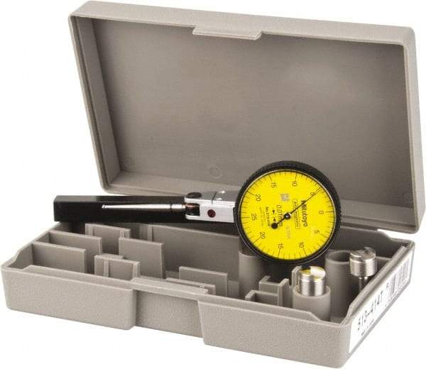 Mitutoyo - 1/2 mm Range, 0.01 mm Dial Graduation, Horizontal Dial Test Indicator - 1.5748 Inch Yellow Dial, 0-25-0 Dial Reading, Accurate to 0.01 Inch - Exact Tool & Supply