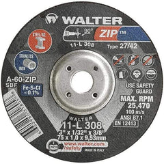 WALTER Surface Technologies - 60 Grit, 3" Wheel Diam, 1/32" Wheel Thickness, 3/8" Arbor Hole, Type 27 Depressed Center Wheel - Aluminum Oxide, Resinoid Bond, 25,470 Max RPM, Compatible with Die Grinders & Straight Shaft Grinder - Exact Tool & Supply