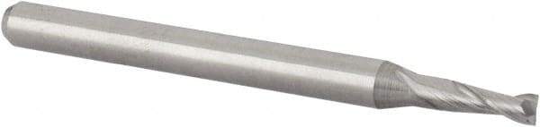 Accupro - 5/64", 0.234" LOC, 1/8" Shank Diam, 1-1/2" OAL, 2 Flute, Solid Carbide Square End Mill - Single End, Uncoated, Spiral Flute, 30° Helix, Centercutting, Right Hand Cut, Right Hand Flute, Series Miniature - Exact Tool & Supply