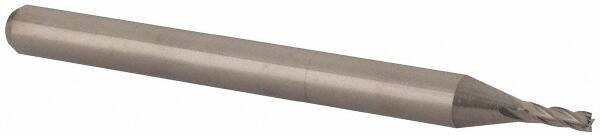 Accupro - 3/64", 0.141" LOC, 1/8" Shank Diam, 1-1/2" OAL, 4 Flute, Solid Carbide Square End Mill - Single End, Uncoated, Spiral Flute, 30° Helix, Centercutting, Right Hand Cut, Right Hand Flute, Series Miniature - Exact Tool & Supply