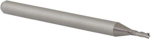 Accupro - 0.049", 0.147" LOC, 1/8" Shank Diam, 1-1/2" OAL, 4 Flute, Solid Carbide Square End Mill - Single End, Uncoated, Spiral Flute, 30° Helix, Centercutting, Right Hand Cut, Right Hand Flute, Series Miniature - Exact Tool & Supply