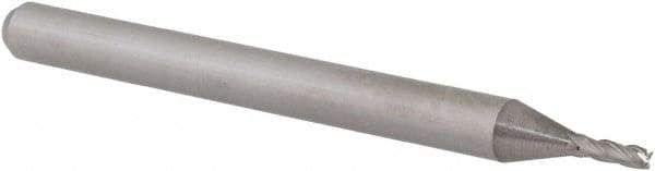 Accupro - 0.044", 0.132" LOC, 1/8" Shank Diam, 1-1/2" OAL, 4 Flute, Solid Carbide Square End Mill - Single End, Uncoated, Spiral Flute, 30° Helix, Centercutting, Right Hand Cut, Right Hand Flute, Series Miniature - Exact Tool & Supply