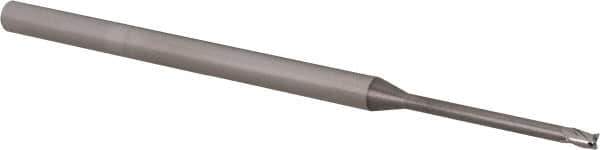 Accupro - 0.06", 0.09" LOC, 1/8" Shank Diam, 2-1/2" OAL, 3 Flute, Solid Carbide Square End Mill - Single End, Uncoated, Spiral Flute, 30° Helix, Centercutting, Right Hand Cut, Right Hand Flute, Series Miniature - Exact Tool & Supply