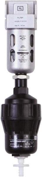 PRO-SOURCE - 1/4" Port, 4.45" High x 1.57" Wide Miniature Filter with Polycarbonate Bowl, Automatic Drain - 28 SCFM, 145 Max psi, 140°F Max Temp, Modular Connection, Bowl Guard, 0.3 oz Bowl Capacity - Exact Tool & Supply