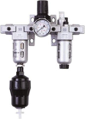 PRO-SOURCE - 1/4" NPT Port Miniature 3 Piece Filter-Regulator-Lubricator FRL Unit - Polycarbonate Bowl, 18 SCFM, 145 Max psi, 6.69" High, Automatic Drain - Exact Tool & Supply