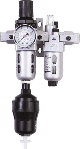 PRO-SOURCE - 1/4" NPT Port Miniature 2 Piece Filter/Regulator-Lubricator FRL Unit - Polycarbonate Bowl, 18 SCFM, 145 Max psi, 6.69" High, Automatic Drain - Exact Tool & Supply