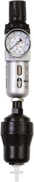 PRO-SOURCE - 1/8" NPT Port Miniature 1 Piece Filter/Regulator FRL Unit - Polycarbonate Bowl, 14 SCFM, 145 Max psi, 6.69" High, Automatic Drain - Exact Tool & Supply
