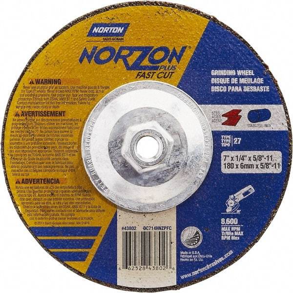 Norton - 7" Wheel Diam, 1/4" Wheel Thickness, Type 27 Depressed Center Wheel - Ceramic, Resinoid Bond, 8,600 Max RPM - Exact Tool & Supply