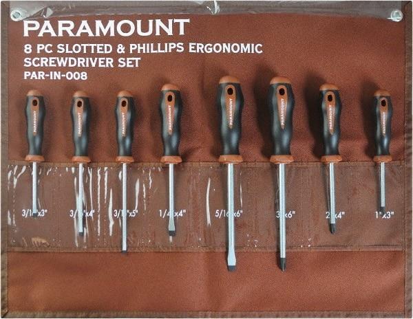 Paramount - 8 Piece Slotted, Phillips & Cabinet Screwdriver Set - Blade Sizes: Width 3/16, 1/4 & 5/16, Bit Sizes: Philips #0 to #3 - Exact Tool & Supply