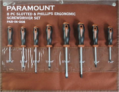 Paramount - 8 Piece Slotted, Phillips & Cabinet Screwdriver Set - Blade Sizes: Width 3/16, 1/4 & 5/16, Bit Sizes: Philips #0 to #3 - Exact Tool & Supply