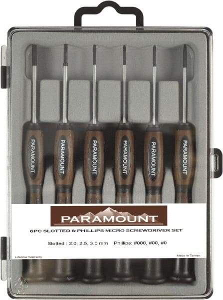 Paramount - 6 Piece Phillips & Slotted Screwdriver Set - Bit Sizes: Philips #000 to #0 - Exact Tool & Supply