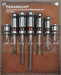 Paramount - 7 Piece Slotted, Phillips & Stubby Screwdriver Set - Blade Sizes: Width 1/4, 5/16 & 3/8, Bit Sizes: Philips #1 & #2 - Exact Tool & Supply