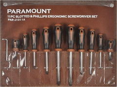 Paramount - 11 Piece Slotted, Phillips, Cabinet & Offset Screwdriver Set - Bit Sizes: Philips #0 to #3 - Exact Tool & Supply