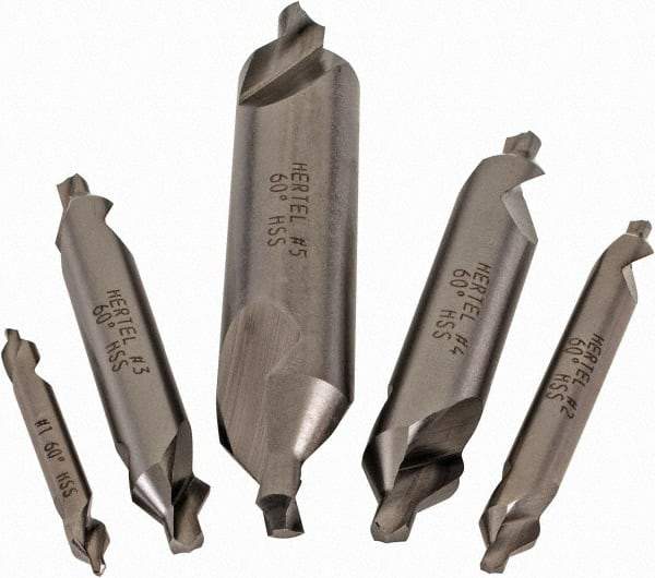 Hertel - #1 to 5, 1/8 to 7/16" Body Diam, 1/8" Point Diam, Plain Edge, High Speed Steel Combo Drill & Countersink Set - 0.0469 to 0.1875" Point Length, 1/8 to 2-3/4" OAL, Double End, Hertel Series Compatibility - Exact Tool & Supply