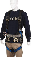 PRO-SAFE - 350 Lb Capacity, Size XL, Full Body Tower Climbers Safety Harness - Polyester, Front D-Ring, Side D-Ring, Quick Connect Leg Strap, Quick Connect Chest Strap, Black/Blue - Exact Tool & Supply