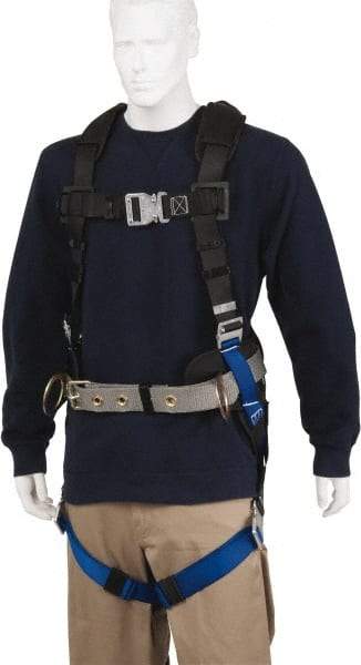 PRO-SAFE - 350 Lb Capacity, Size Universal, Full Body Construction Safety Harness - Polyester, Side D-Ring, Quick Connect Leg Strap, Quick Connect Chest Strap, Black/Blue - Exact Tool & Supply