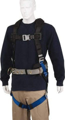 PRO-SAFE - 350 Lb Capacity, Size Universal, Full Body Construction Safety Harness - Polyester, Side D-Ring, Quick Connect Leg Strap, Quick Connect Chest Strap, Black/Blue - Exact Tool & Supply