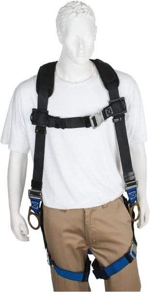 PRO-SAFE - 350 Lb Capacity, Size XXL, Full Body Padded Back D-Ring Safety Harness - Polyester, Side D-Ring, Quick Connect Leg Strap, Quick Connect Chest Strap, Black/Blue - Exact Tool & Supply