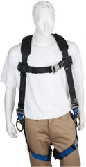 PRO-SAFE - 350 Lb Capacity, Size XXL, Full Body Padded Back D-Ring Safety Harness - Polyester, Side D-Ring, Quick Connect Leg Strap, Quick Connect Chest Strap, Black/Blue - Exact Tool & Supply