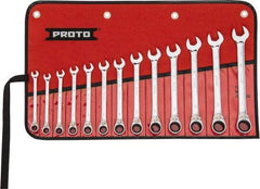 Proto - 13 Piece, 7mm to 19mm, 12 Point Reversible Ratcheting Combination Wrench Set - Metric Measurement Standard, Full Polish Chrome Finish, Comes in Tool Roll - Exact Tool & Supply