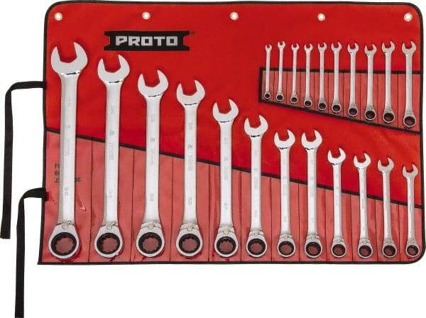Proto - 22 Piece, 6mm to 36mm, 12 Point Reversible Ratcheting Combination Wrench Set - Metric Measurement Standard, Full Polish Chrome Finish, Comes in Tool Roll - Exact Tool & Supply