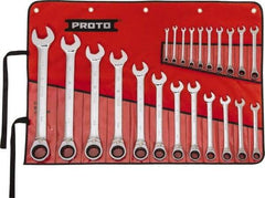 Proto - 22 Piece, 6mm to 36mm, 12 Point Reversible Ratcheting Combination Wrench Set - Metric Measurement Standard, Full Polish Chrome Finish, Comes in Tool Roll - Exact Tool & Supply