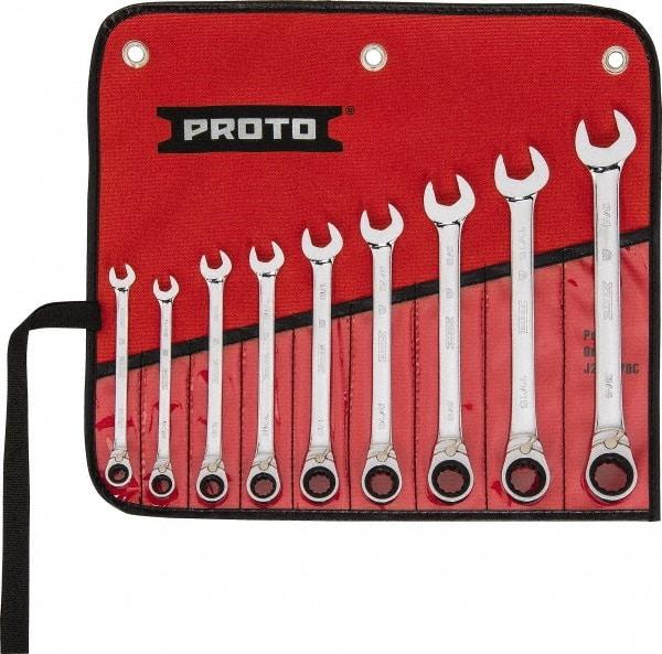 Proto - 9 Piece, 9/32" to 3/4", 12 Point Reversible Ratcheting Combination Wrench Set - Inch Measurement Standard, Full Polish Chrome Finish, Comes in Tool Roll - Exact Tool & Supply