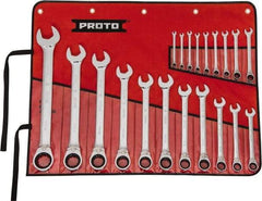 Proto - 20 Piece, 7/32" to 1-1/2", 12 Point Reversible Ratcheting Combination Wrench Set - Inch Measurement Standard, Full Polish Chrome Finish, Comes in Tool Roll - Exact Tool & Supply