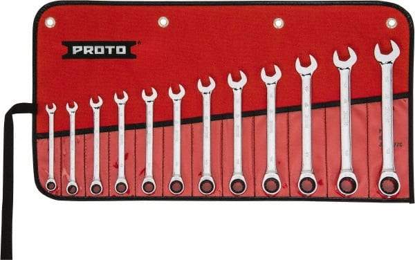 Proto - 12 Piece, 8mm to 19mm, 12 Point Ratcheting Combination Wrench Set - Metric Measurement Standard, Full Polish Chrome Finish, Comes in Tool Roll - Exact Tool & Supply