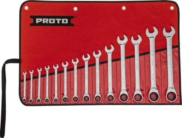 Proto - 14 Piece, 1/4" to 1", 12 Point Ratcheting Combination Wrench Set - Inch Measurement Standard, Full Polish Chrome Finish, Comes in Tool Roll - Exact Tool & Supply