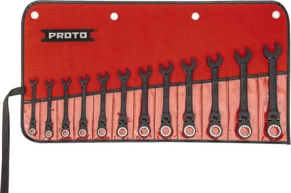 Proto - 12 Piece, 7mm to 19mm, 12 Point Ratcheting Flex-Head Spline Wrench Set - Metric Measurement Standard, Black/Chrome Finish, Comes in Nylon Roll - Exact Tool & Supply